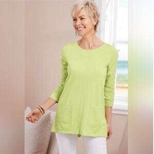 Soft Surroundings Lime Green Boho Lagenlook Cotton Tunic with Long Sleeves